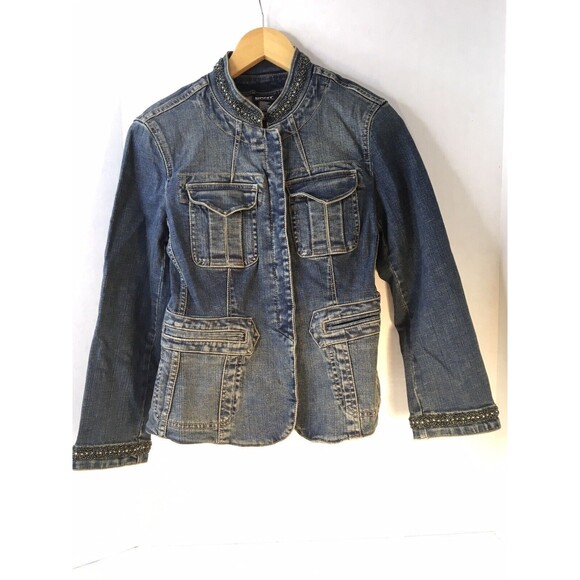 Vintage DKNY Jeans Fitted And Beaded Denim  Jean Jacket Womens Sz 4  Embellished - Picture 2 of 9
